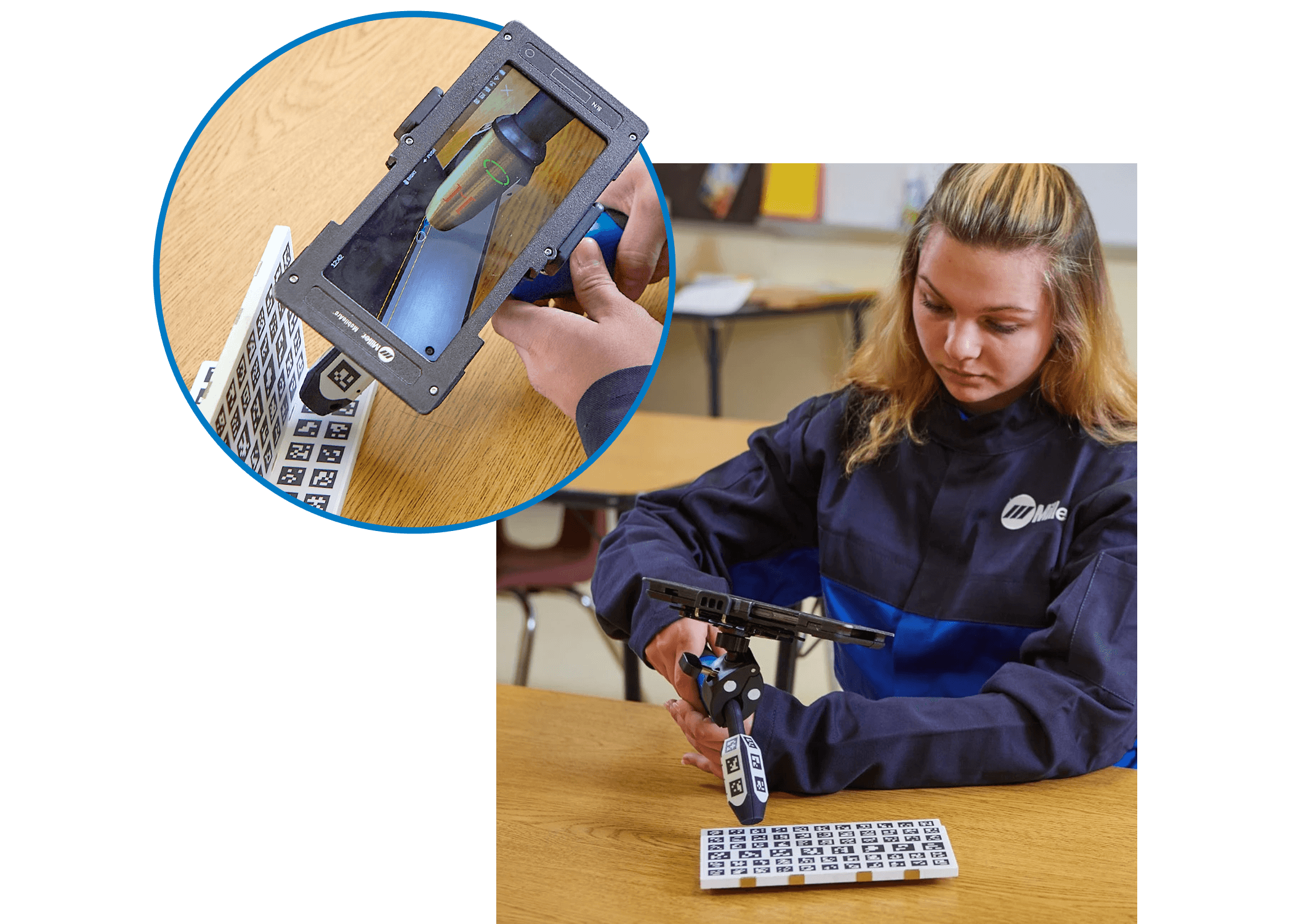 A person using a welding simulator on a desk. The inset shows a close-up screen display of the welding process simulation.